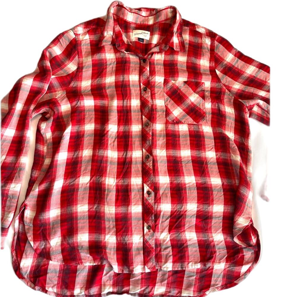 Women's Universal Thread Red Ivory Plaid Long Sleeve Top Button Front Shirt XXL